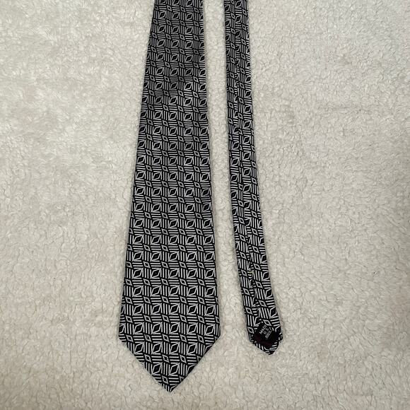 Oscar de la Renta Silk Neck Tie Geometric Print Black White Purple - Picture 4 of 7